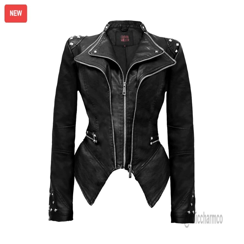 Faux Leather Moto Jacket with Rivet Lapel and Swallow Tail Hem